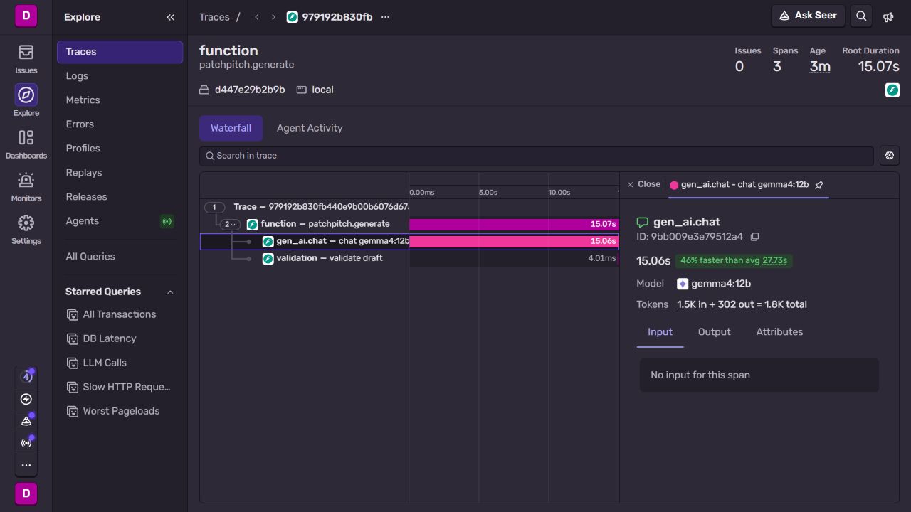 Real Sentry trace: model call, validation, returned model and token usage