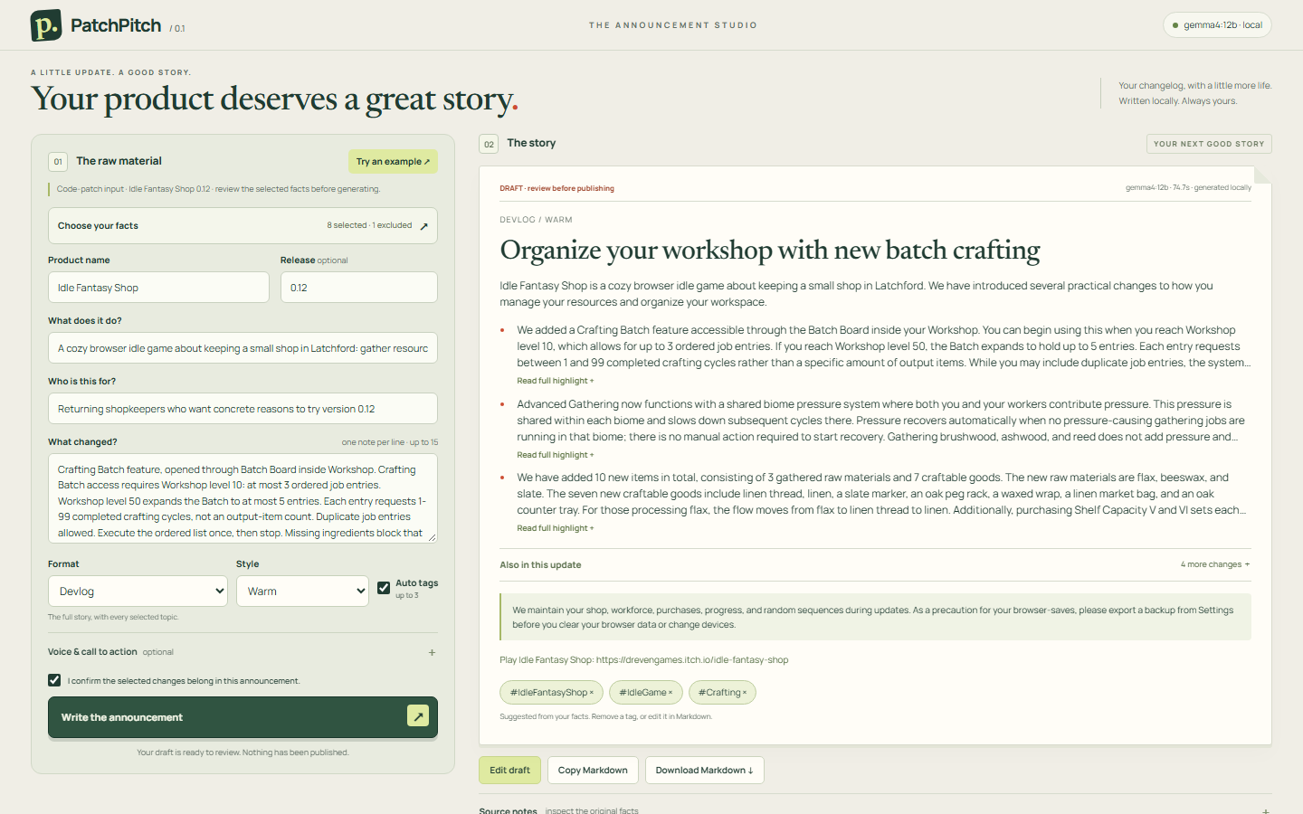 PatchPitch with the real Idle Fantasy Shop draft, format, style and suggested tags